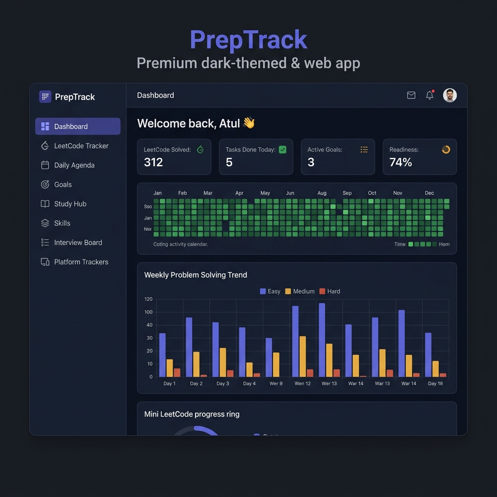 PrepTrack Dashboard — LeetCode tracker and activity heatmap